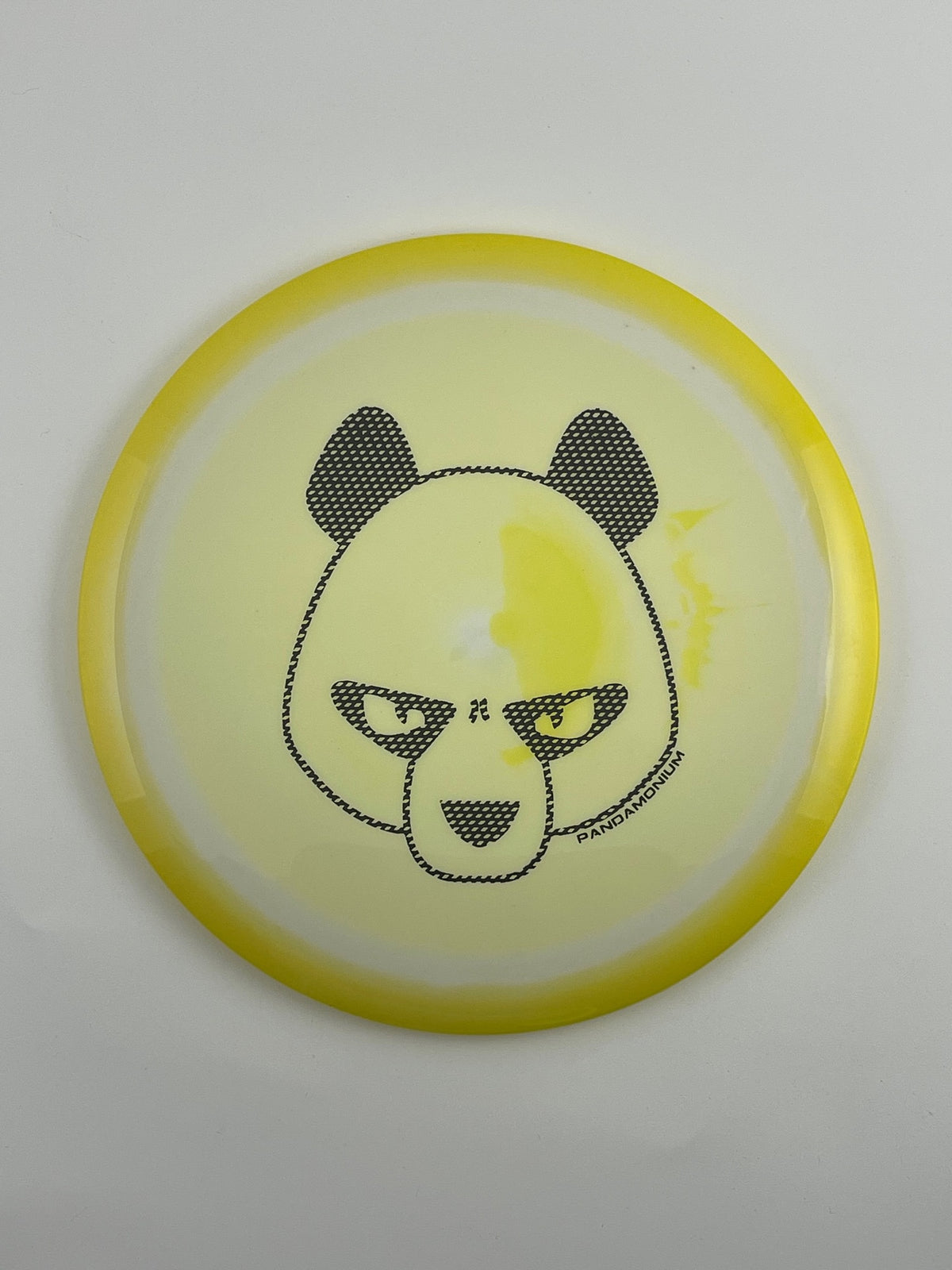 Innova Destroyer disc golf distance driver in yellow and white Halo Star plastic with Pandamonium Big Panda stamp