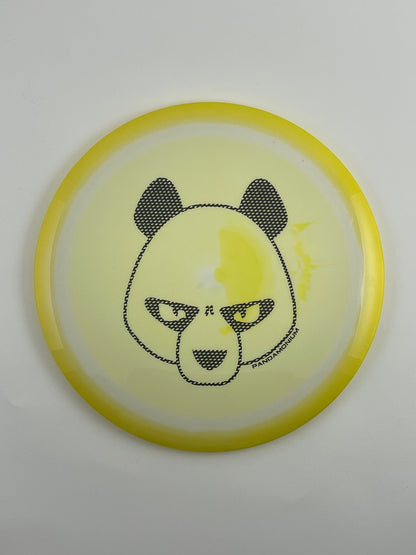 Innova Destroyer disc golf distance driver in yellow and white Halo Star plastic with Pandamonium Big Panda stamp