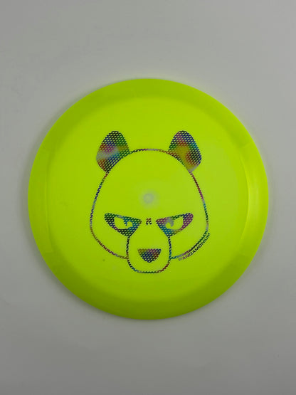 Innova Mamba disc golf distance driver in lime and green Halo Star plastic with Pandamonium Big Panda stamp