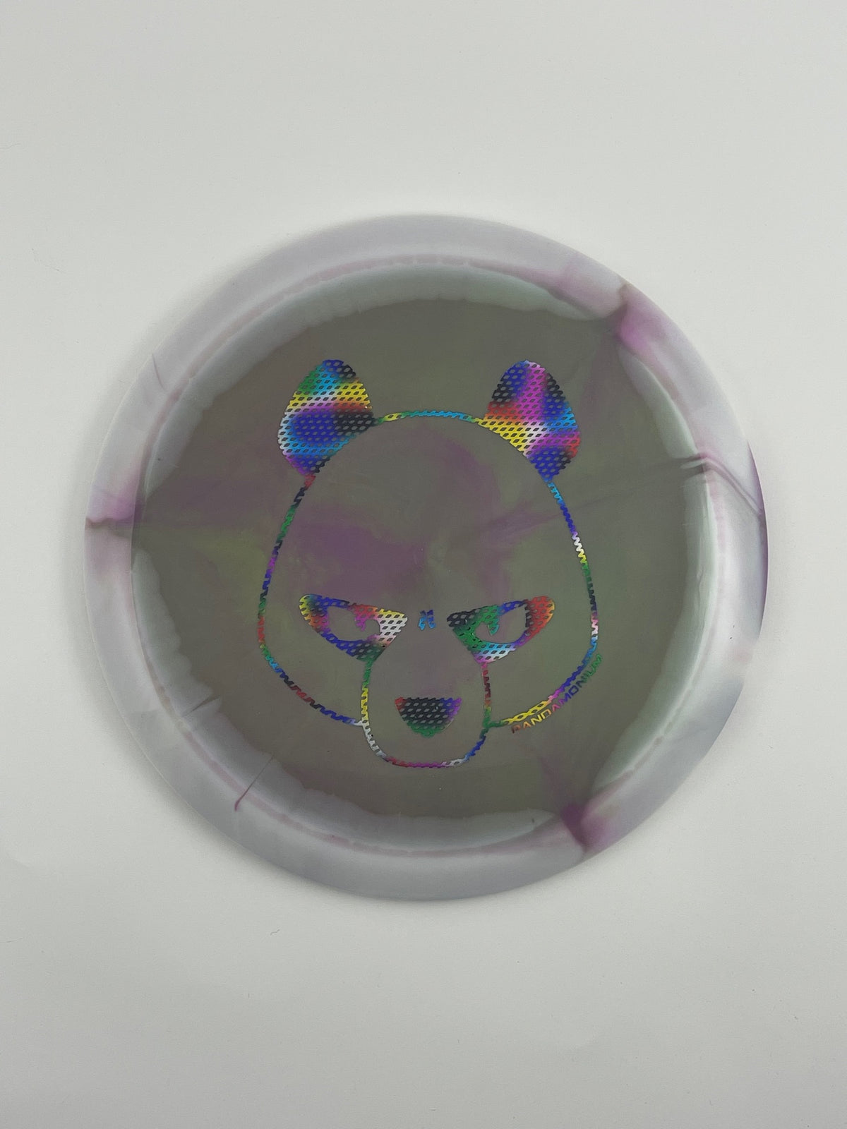 Innova Mamba disc golf distance driver in purple and white Halo Star plastic with Pandamonium Big Panda stamp