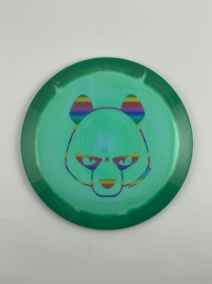 Innova Shryke disc golf distance driver in green and light green Halo Star plastic with Pandamonium Big Panda stamp
