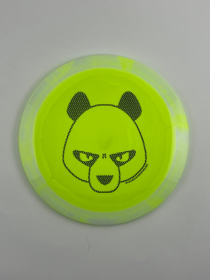 Innova Shryke disc golf distance driver in light yellow Halo Star plastic with Pandamonium Big Panda stamp