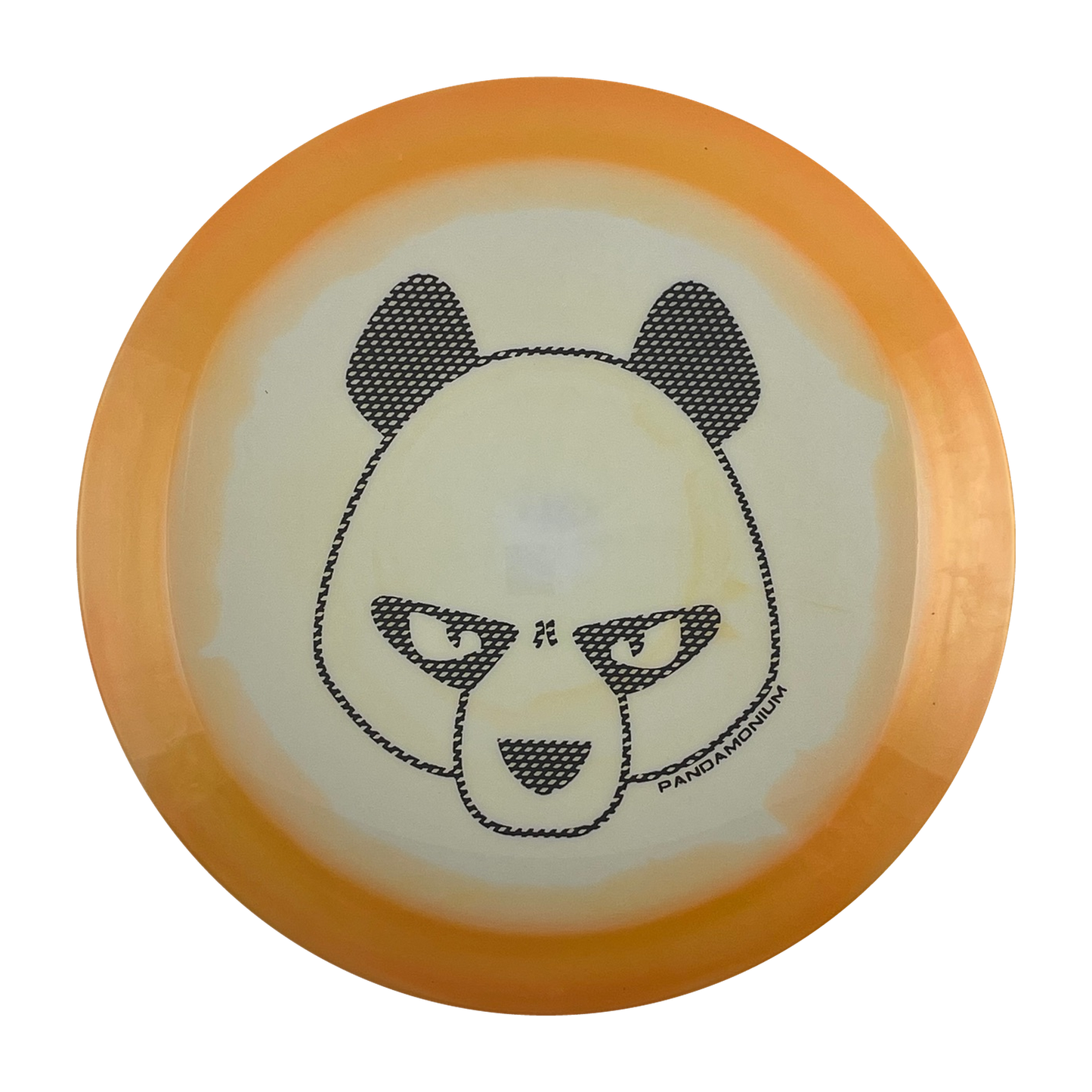 Innova Shryke disc golf distance driver in orange and white Halo Star plastic with Pandamonium Big Panda stamp, view 1