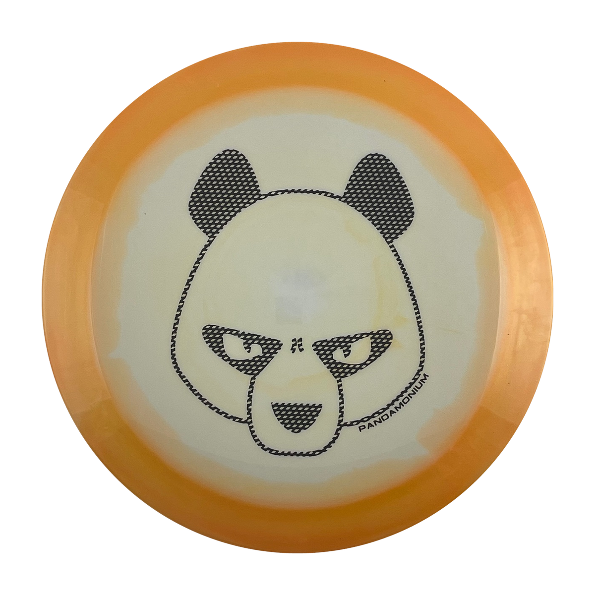 Innova Shryke disc golf distance driver in orange and white Halo Star plastic with Pandamonium Big Panda stamp, view 1