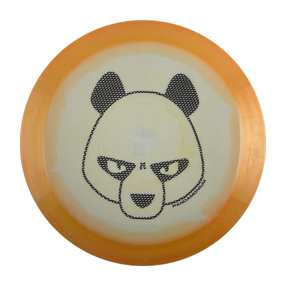 Innova Shryke disc golf distance driver in orange and white Halo Star plastic with Pandamonium Big Panda stamp, view 1