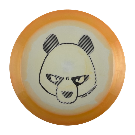Innova Shryke disc golf distance driver in orange and white Halo Star plastic with Pandamonium Big Panda stamp, view 1