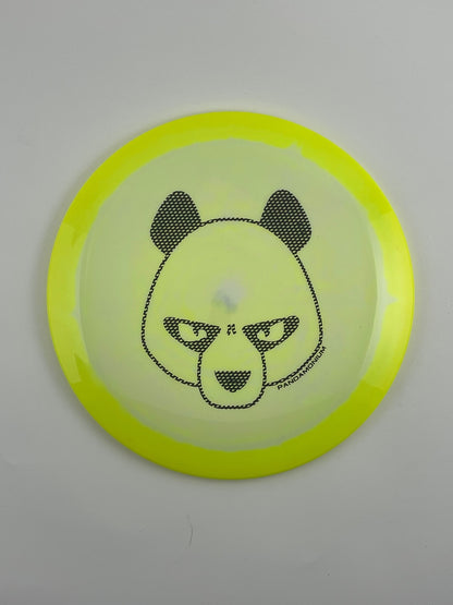 Innova Shryke disc golf distance driver in yellow and light yellow Halo Star plastic with Pandamonium Big Panda stamp