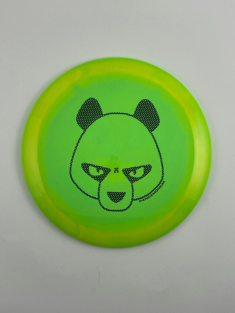 Innova Tern disc golf distance driver in yellow and green Halo Star plastic with Pandamonium Big Panda stamp