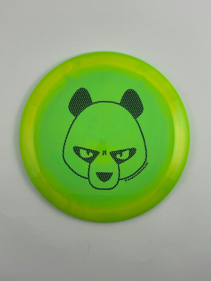Innova Tern disc golf distance driver in yellow and green Halo Star plastic with Pandamonium Big Panda stamp