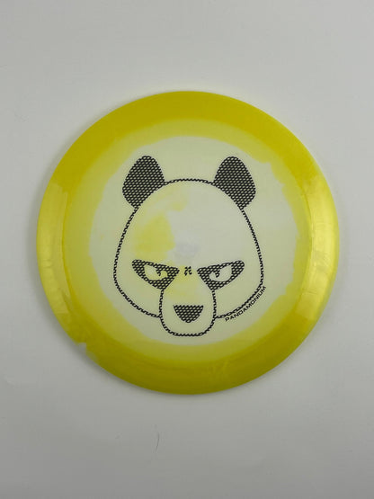 Innova Tern disc golf distance driver in yellow and white Halo Star plastic with Pandamonium Big Panda stamp