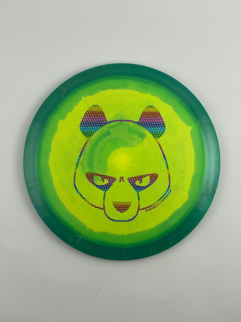 Innova Valkyrie disc golf fairway driver in green and yellow Halo Star plastic with Pandamonium Big Panda stamp
