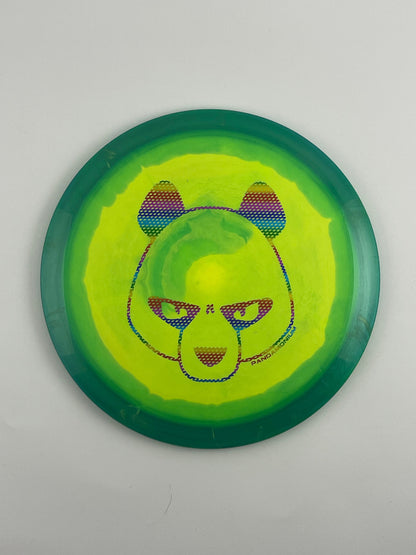Innova Valkyrie disc golf fairway driver in green and yellow Halo Star plastic with Pandamonium Big Panda stamp