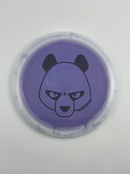 Innova Valkyrie disc golf fairway driver in white and purple Halo Star plastic with Pandamonium Big Panda stamp
