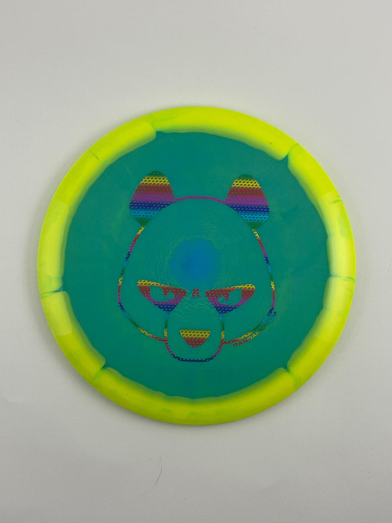 Innova Valkyrie disc golf fairway driver in yellow and green Halo Star plastic with Pandamonium Big Panda stamp