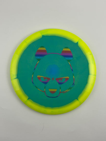 Innova Valkyrie disc golf fairway driver in yellow and green Halo Star plastic with Pandamonium Big Panda stamp