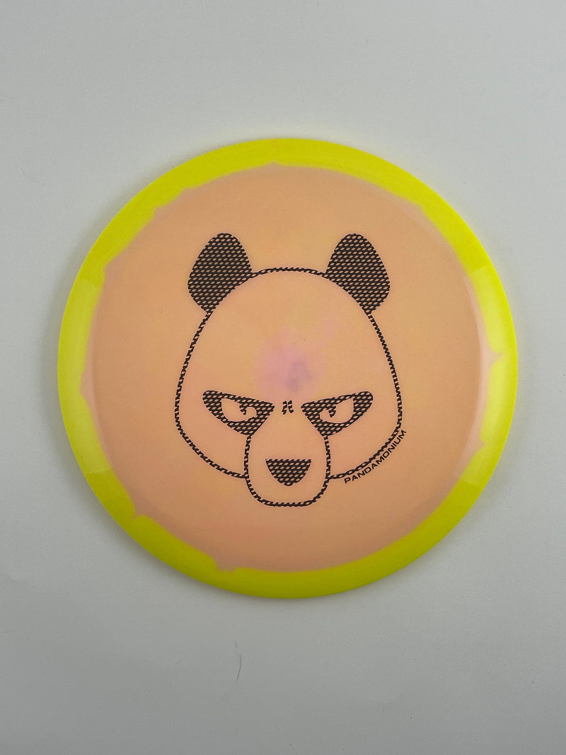 Innova Valkyrie disc golf fairway driver in yellow and peach Halo Star plastic with Pandamonium Big Panda stamp
