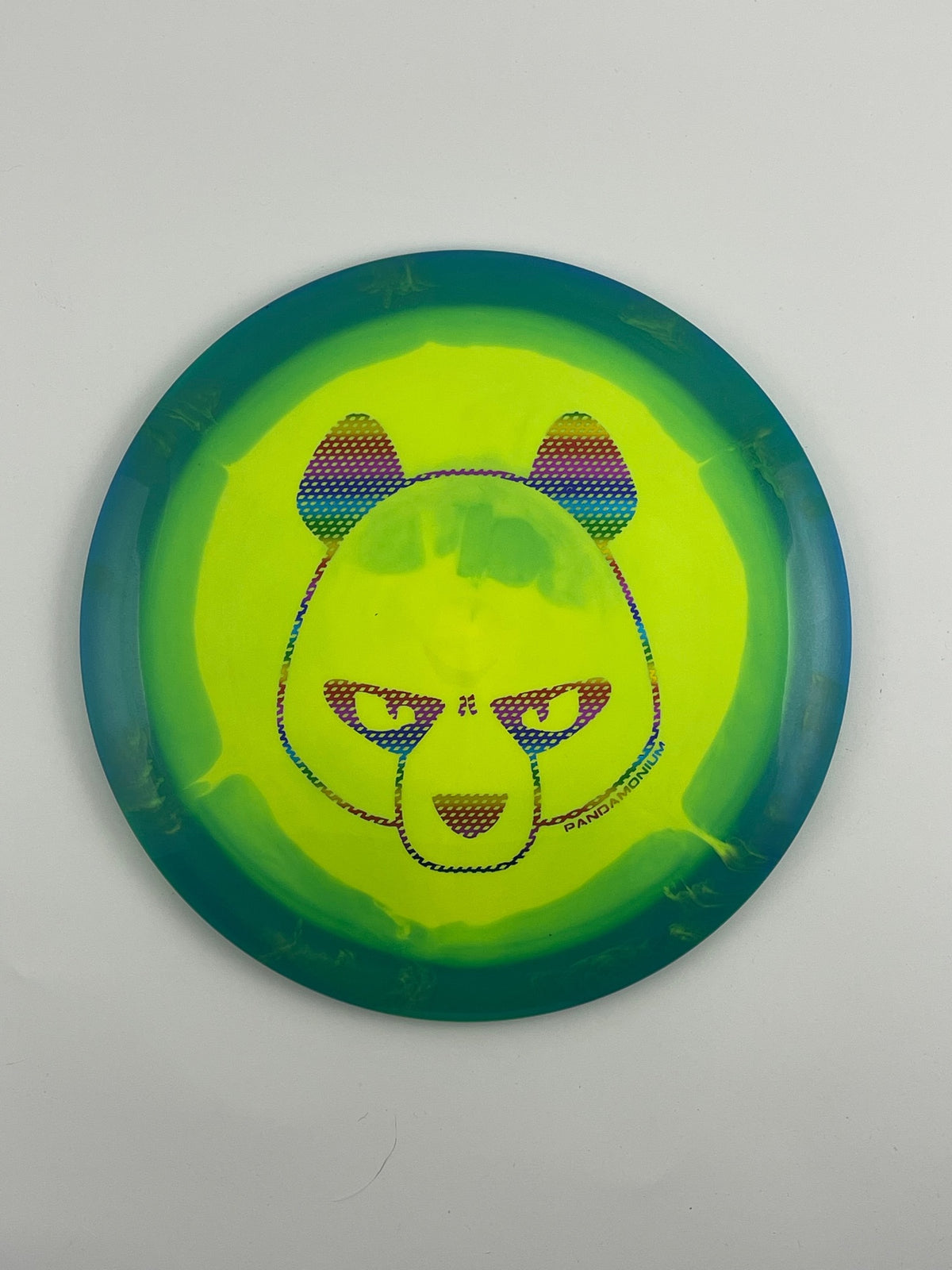 Innova Wraith disc golf distance driver in blue and green Halo Star plastic with Pandamonium Big Panda stamp
