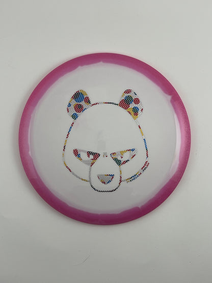 Innova Wraith disc golf distance driver in magenta and white Halo Star plastic with Pandamonium Big Panda stamp