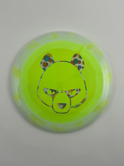 Innova Wraith disc golf distance driver in white and lime Halo Star plastic with Pandamonium Big Panda stamp