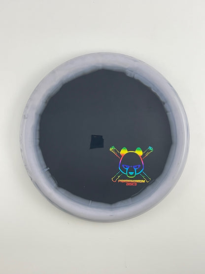Kastaplast Berg disc golf putt and approach in graphite and black K1 Grind plastic with Pandamonium Panda Corner X stamp