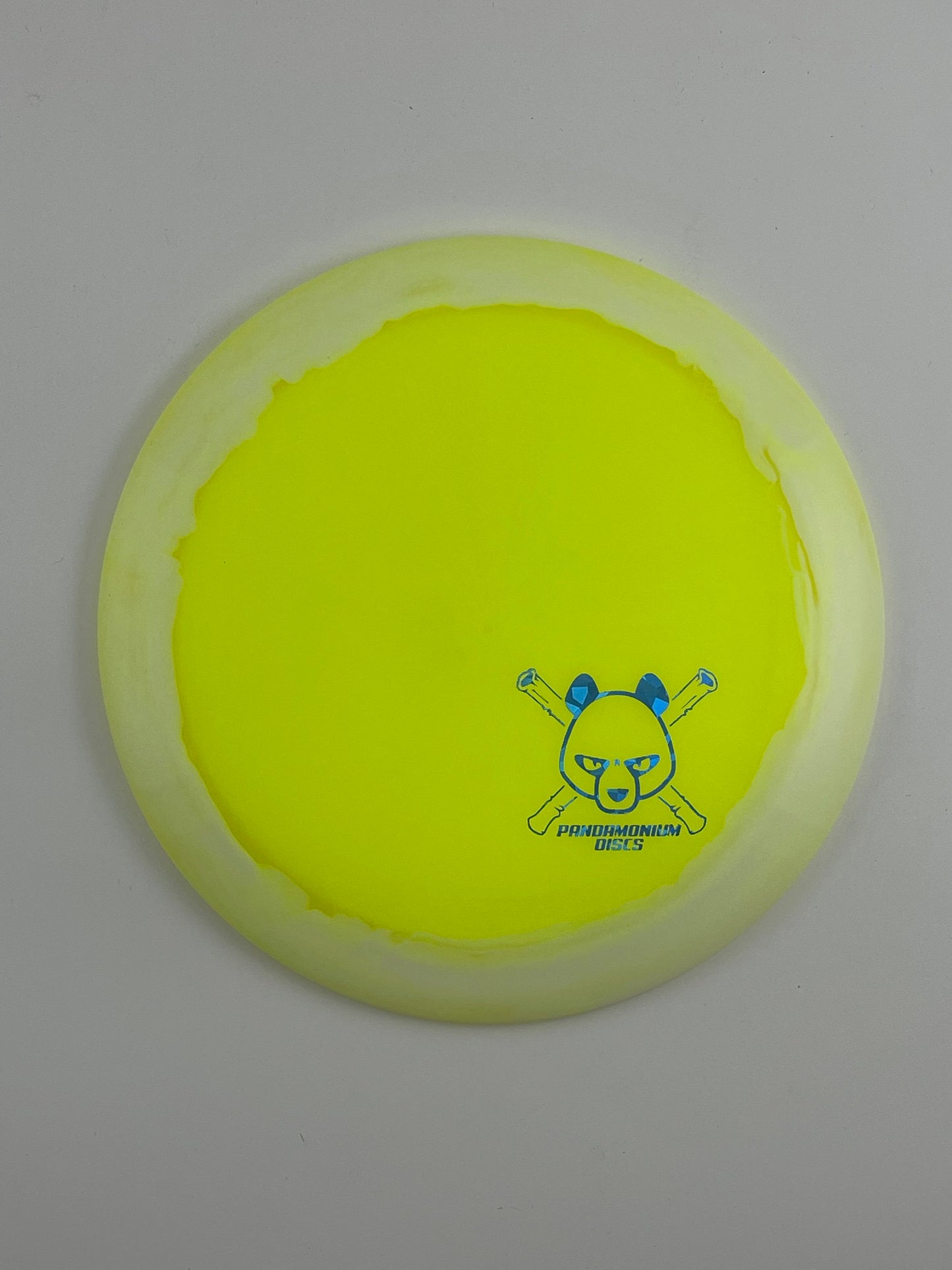 Dynamic Discs Trespass disc golf distance driver in lime Lucid Ice Orbit plastic with Pandamonium Panda Corner X stamp