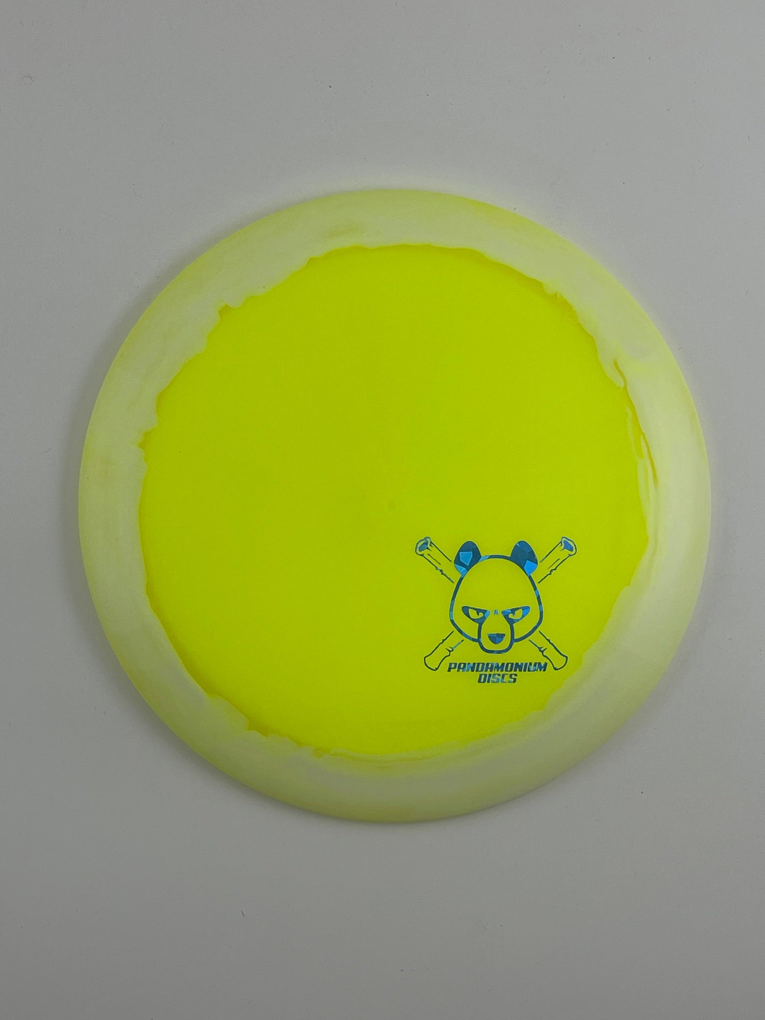 Dynamic Discs Trespass disc golf distance driver in lime Lucid Ice Orbit plastic with Pandamonium Panda Corner X stamp