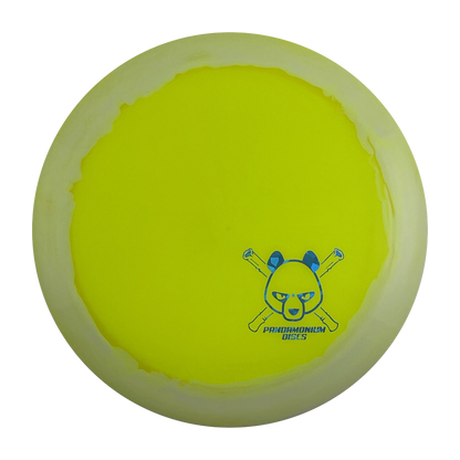 Dynamic Discs Trespass disc golf distance driver in lime Lucid Ice Orbit plastic with Pandamonium Panda Corner X stamp, view 1