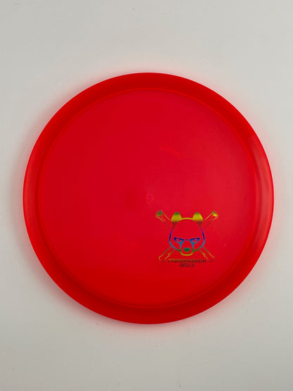 Dynamic Discs Verdict disc golf midrange in red Lucid Ice plastic with Pandamonium Panda Corner X stamp