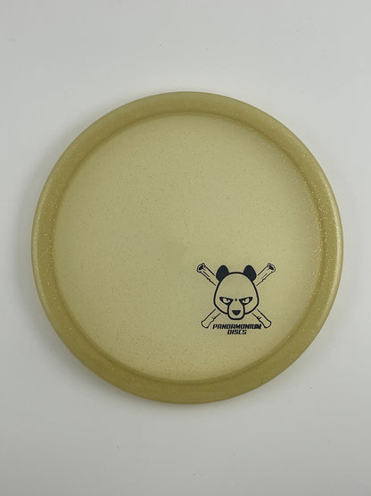 Dynamic Discs Justice disc golf midrange in gold Lucid Sparkle plastic with Pandamonium Panda Corner X stamp