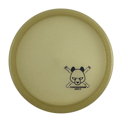 Dynamic Discs Justice disc golf midrange in gold Lucid Sparkle plastic with Pandamonium Panda Corner X stamp, view 1