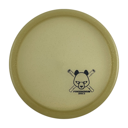 Dynamic Discs Justice disc golf midrange in gold Lucid Sparkle plastic with Pandamonium Panda Corner X stamp, view 1