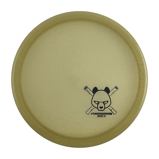 Dynamic Discs Justice disc golf midrange in gold Lucid Sparkle plastic with Pandamonium Panda Corner X stamp, view 1