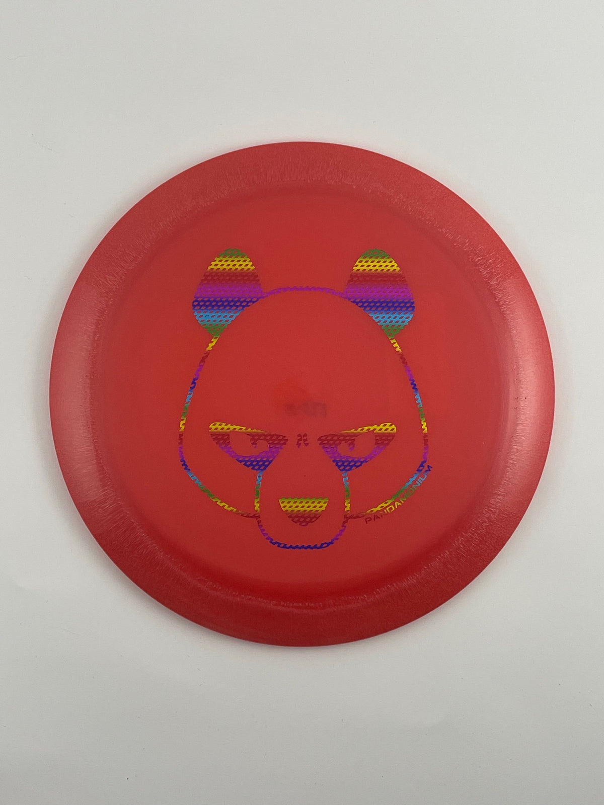 Innova Destroyer disc golf distance driver in red Luster Champion plastic with Pandamonium Big Panda stamp
