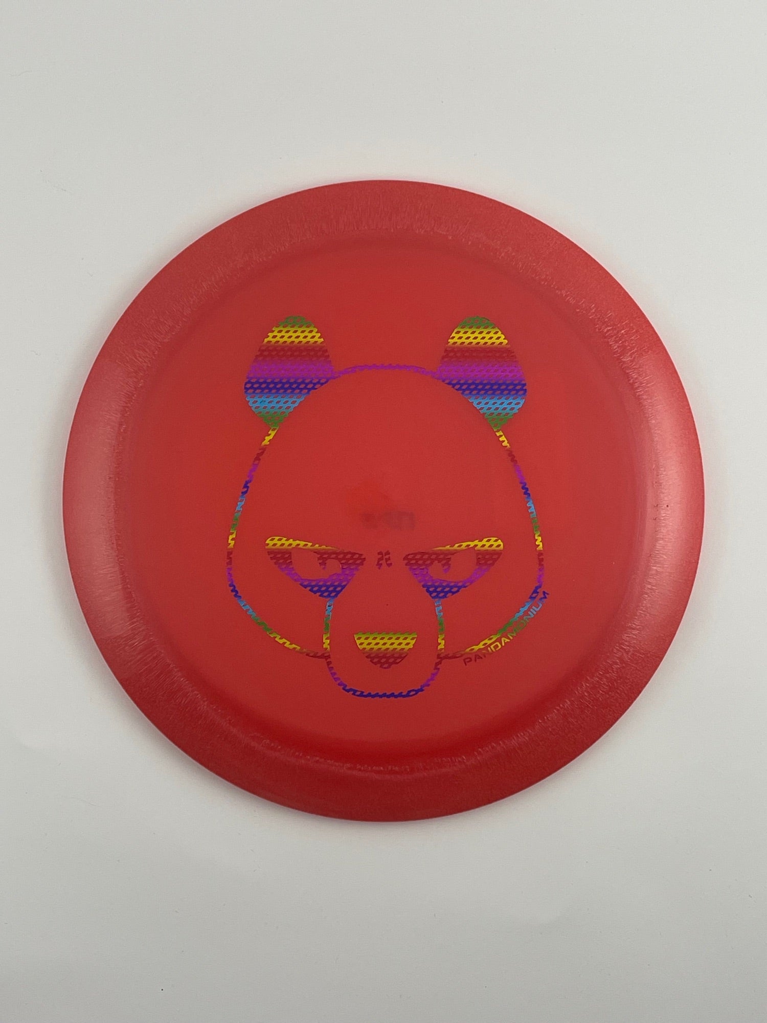 Innova Destroyer disc golf distance driver in red Luster Champion plastic with Pandamonium Big Panda stamp