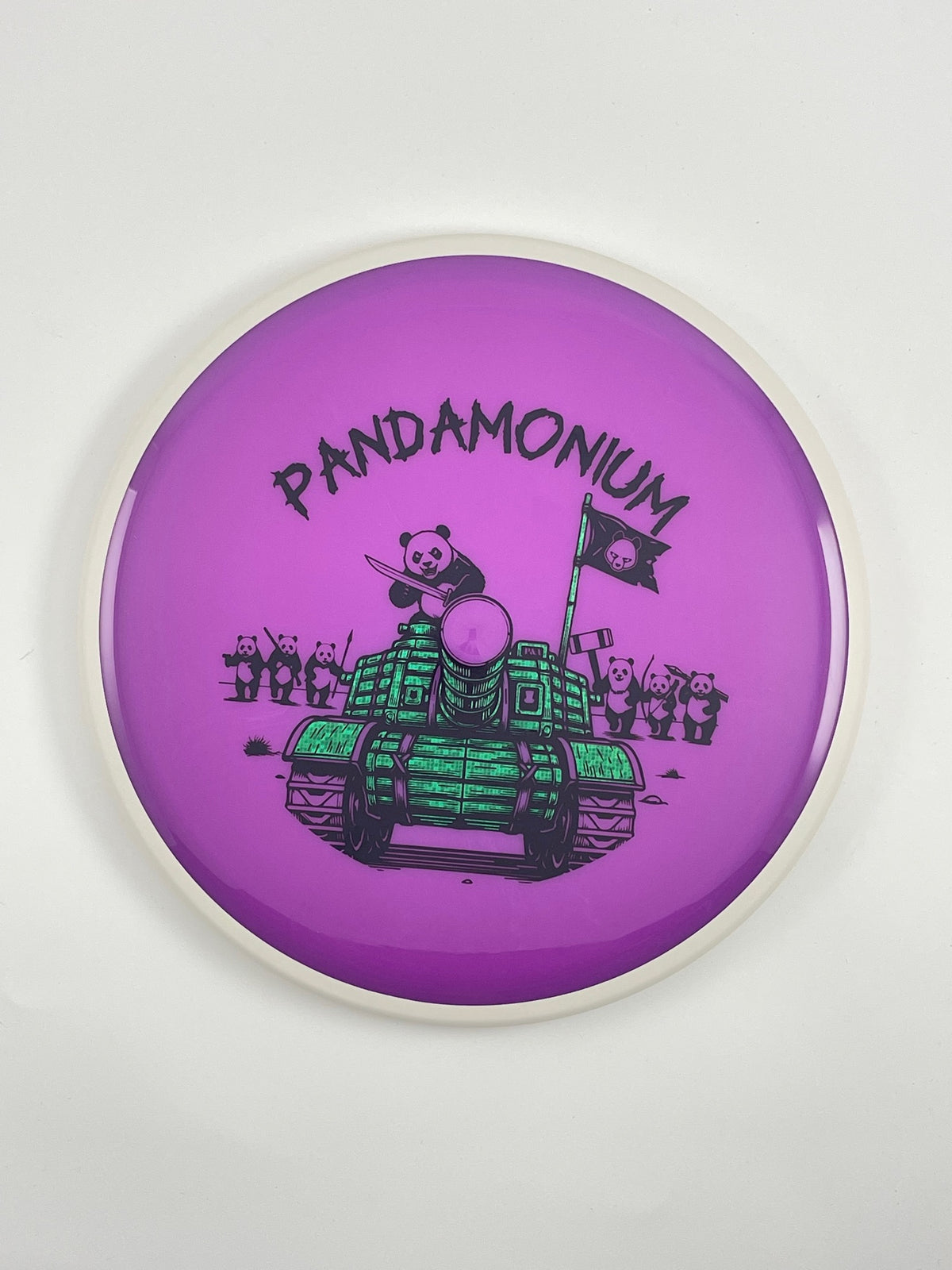 MVP Detour disc golf midrange in purple Neutron plastic with Pandamonium Panda Tank stamp