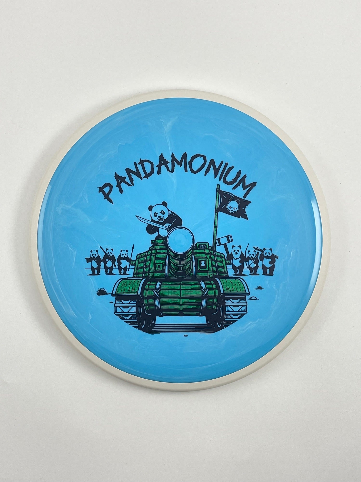 MVP Detour disc golf midrange in sky blue Neutron plastic with Pandamonium Panda Tank stamp
