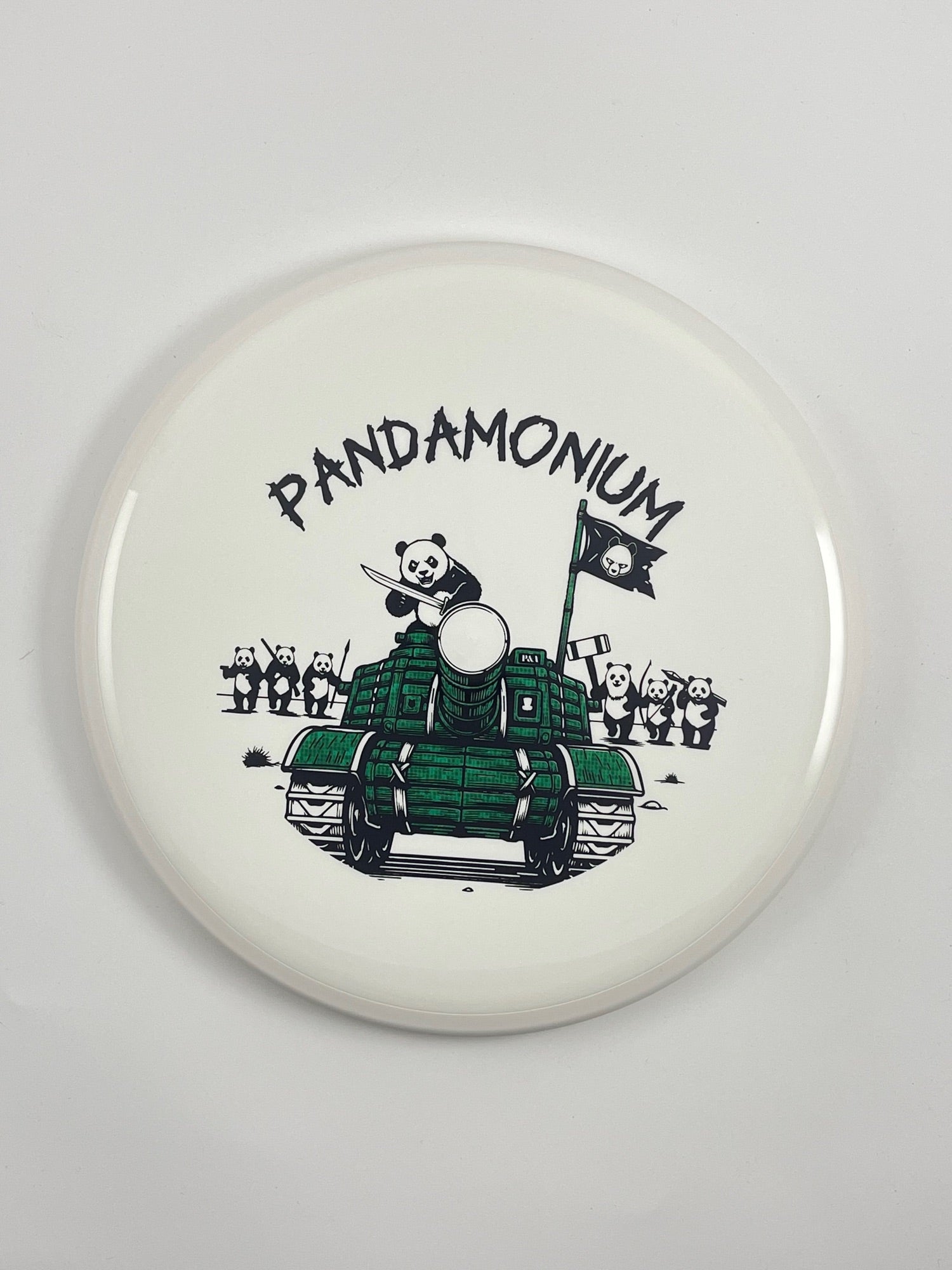 MVP Detour disc golf midrange in white Neutron plastic with Pandamonium Panda Tank stamp