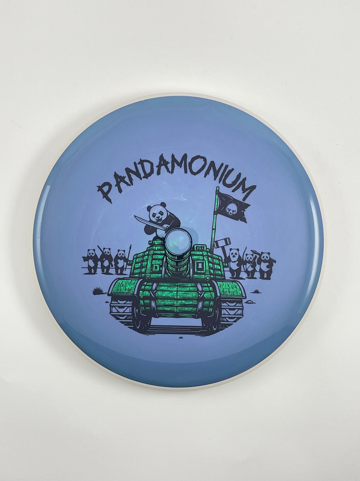 MVP Glitch disc golf putt and approach in blue Neutron plastic with Pandamonium Panda Tank stamp