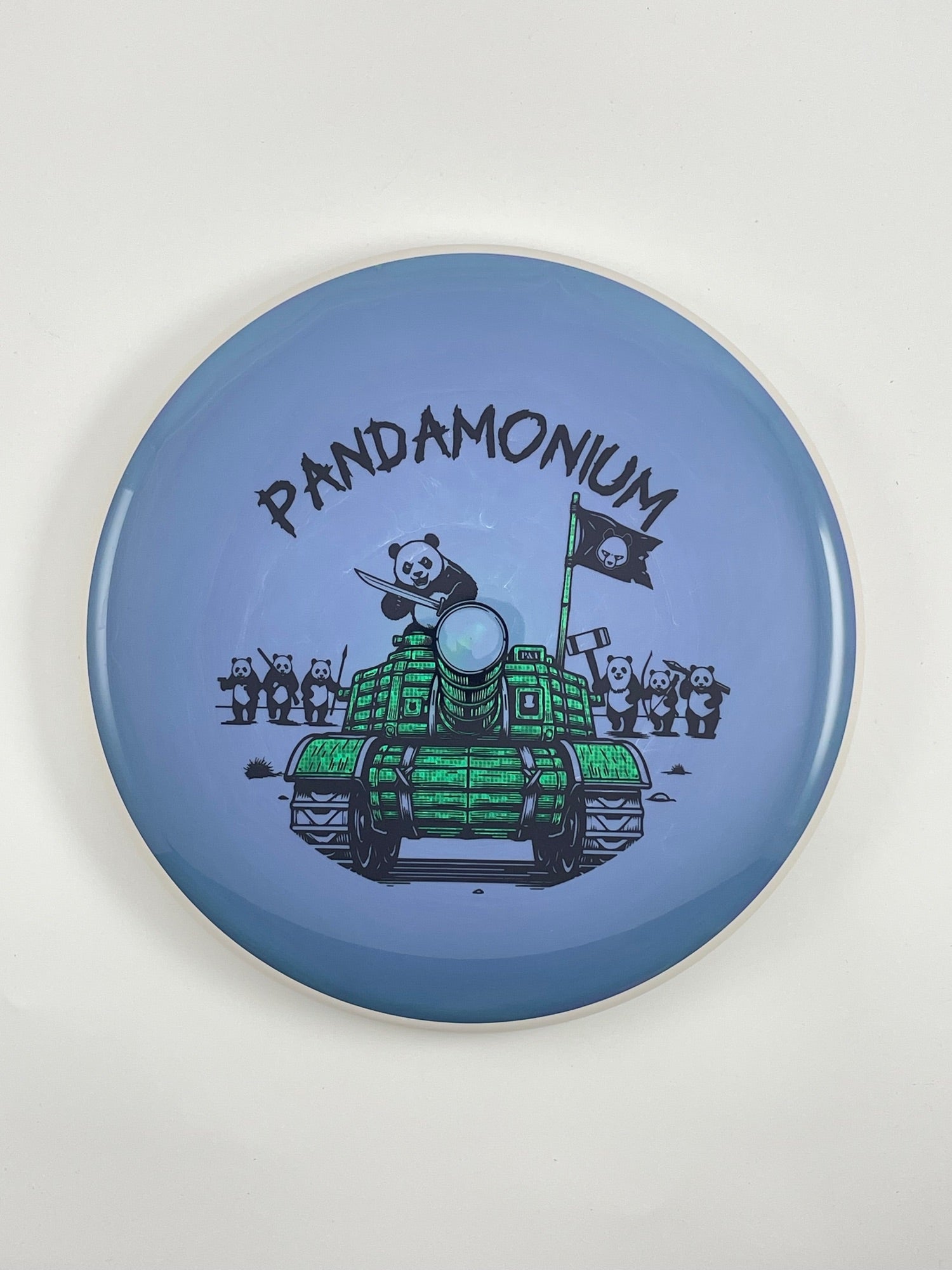 MVP Glitch disc golf putt and approach in blue Neutron plastic with Pandamonium Panda Tank stamp