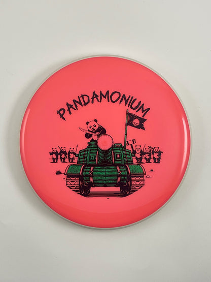 MVP Glitch disc golf putt and approach in pink Neutron plastic with Pandamonium Panda Tank stamp