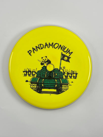 MVP Glitch disc golf putt and approach in yellow Neutron plastic with Pandamonium Panda Tank stamp