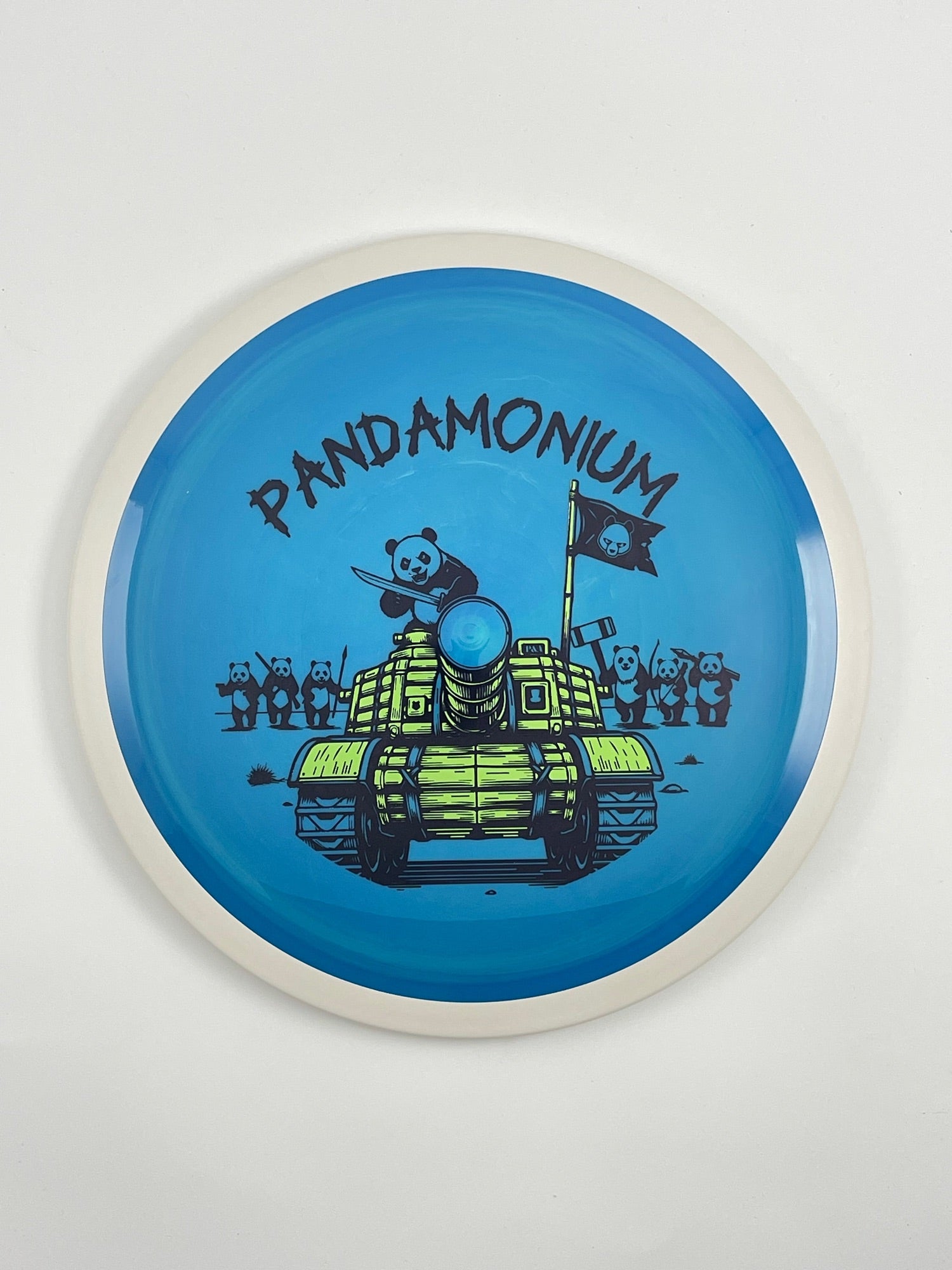 MVP Trail disc golf distance driver in blue Neutron plastic with Pandamonium Panda Tank stamp, view 1