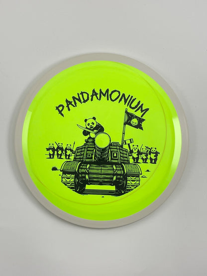 MVP Trail disc golf distance driver in highlighter and green Neutron plastic with Pandamonium Panda Tank stamp
