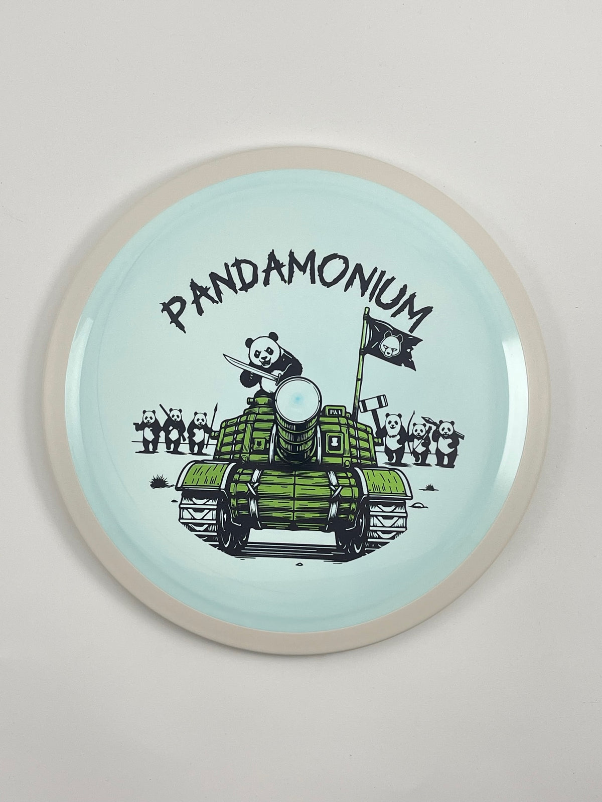 MVP Trail disc golf distance driver in blue Neutron plastic with Pandamonium Panda Tank stamp, view 2