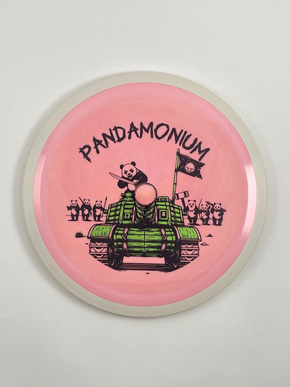 MVP Trail disc golf distance driver in pink Neutron plastic with Pandamonium Panda Tank stamp