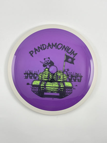 MVP Trail disc golf distance driver in purple Neutron plastic with Pandamonium Panda Tank stamp