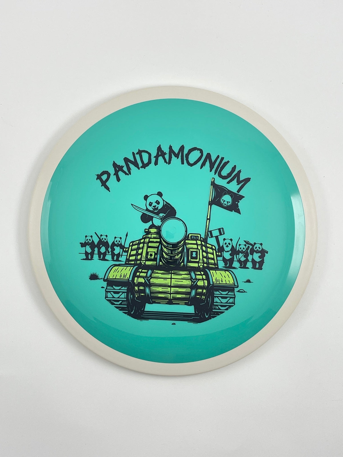 MVP Trail disc golf distance driver in teal Neutron plastic with Pandamonium Panda Tank stamp