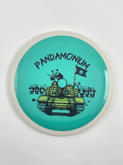 MVP Trail disc golf distance driver in teal Neutron plastic with Pandamonium Panda Tank stamp