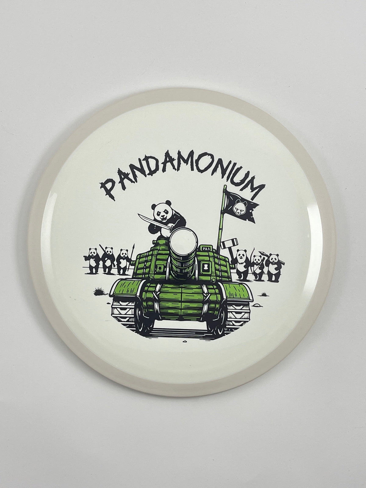MVP Trail disc golf distance driver in white Neutron plastic with Pandamonium Panda Tank stamp