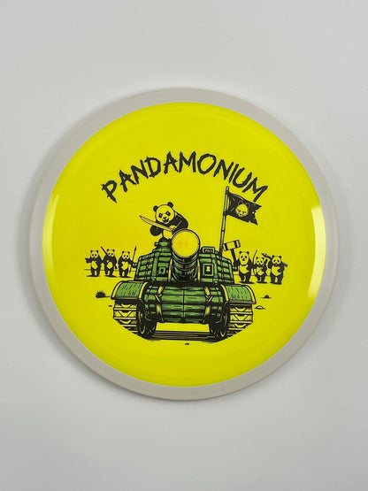 MVP Trail disc golf distance driver in yellow Neutron plastic with Pandamonium Panda Tank stamp